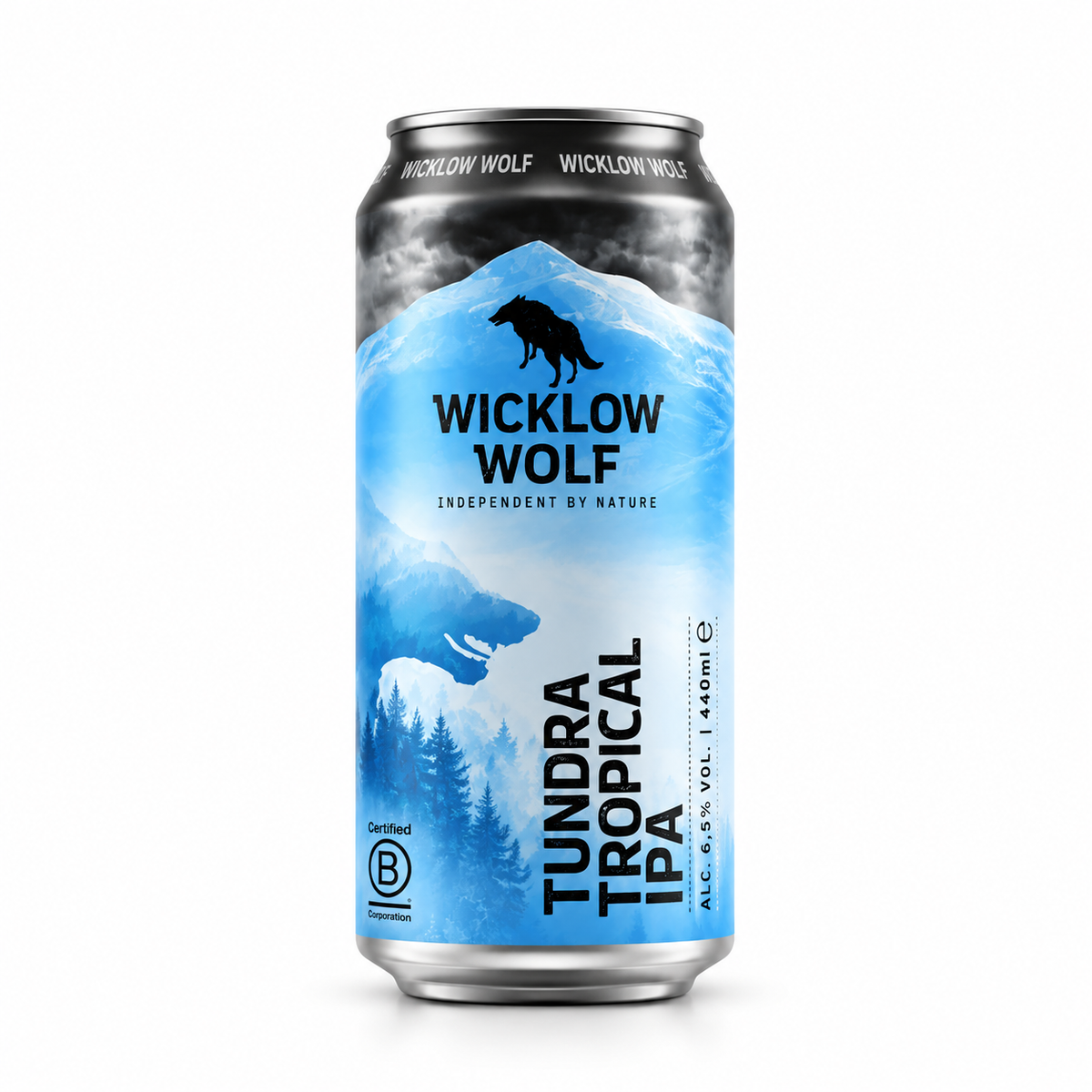 Lata de cerveja Wicklow Wolf Tundra Tropical IPA 44 cl sobre fundo branco.