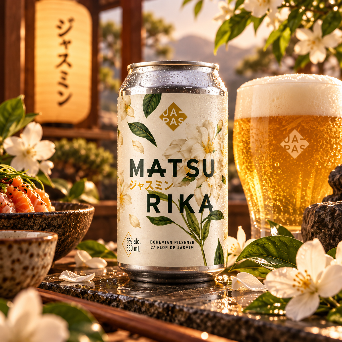 Lata de Japas Matsurika com copo cheio de cerveja numa mesa decorada com flores.