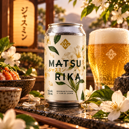 Lata de Japas Matsurika com copo cheio de cerveja numa mesa decorada com flores.