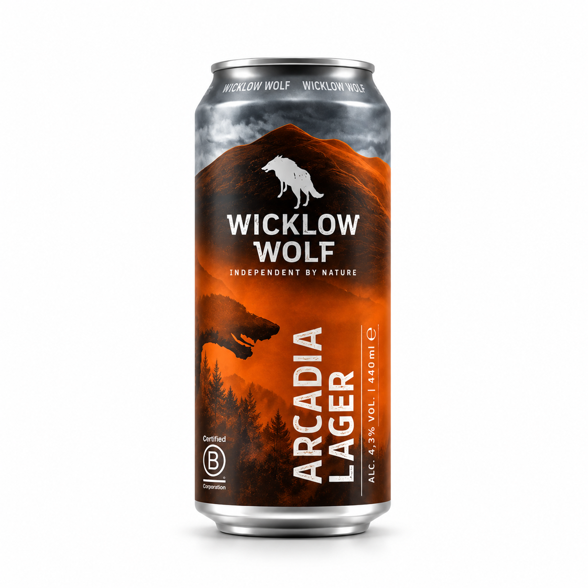 Lata de cerveja Wicklow Wolf Arcadia Lager 44 cl sobre fundo branco.