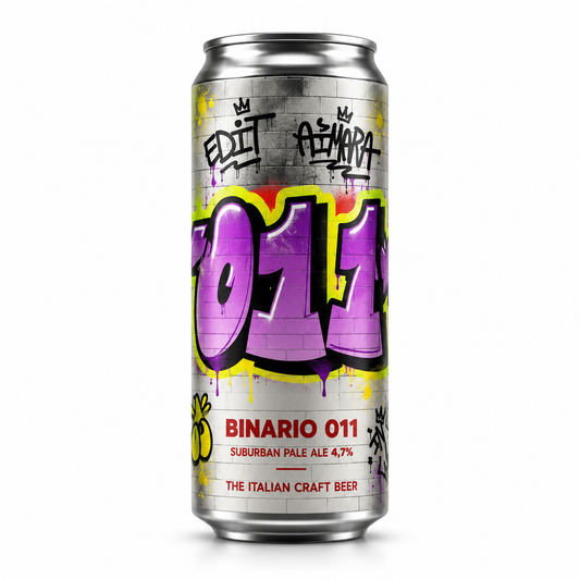 Lata de cerveja Edit Binario 011 33 cl sobre fundo branco.
