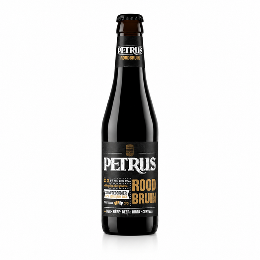 Garrafa de cerveja Petrus Rood Bruin 33 cl sobre fundo branco.
