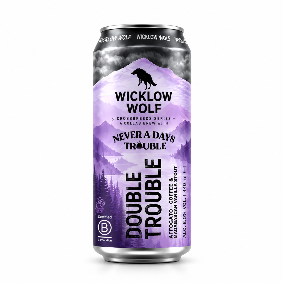 Lata de cerveja Wicklow Wolf Double Trouble 44 cl sobre fundo branco.