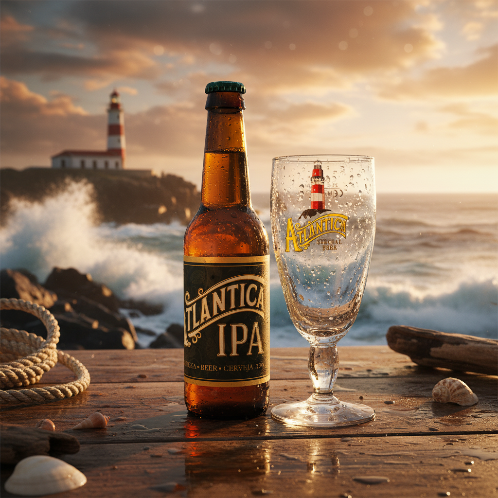 Garrafa e copo Atlântica IPA - cenário costeiro