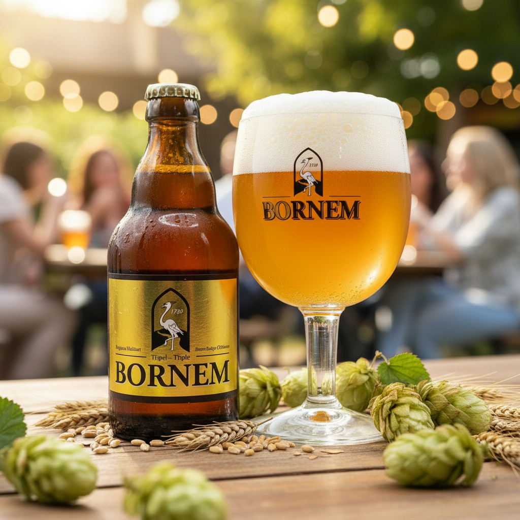 Garrafa e copo Bornem Tripel - cervejaria belga animada