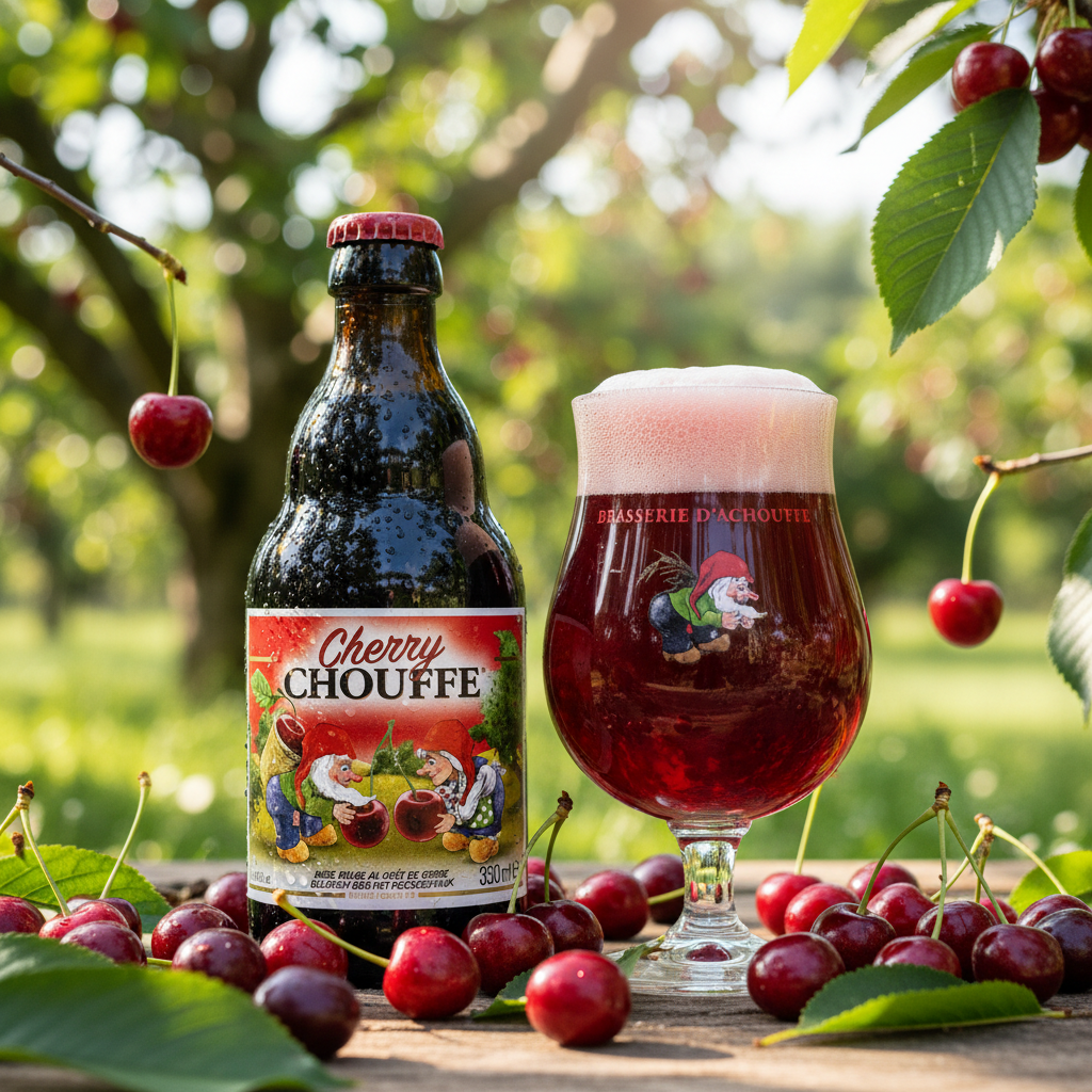 Garrafa e copo Cherry Chouffe - pomar de cerejas alegre
