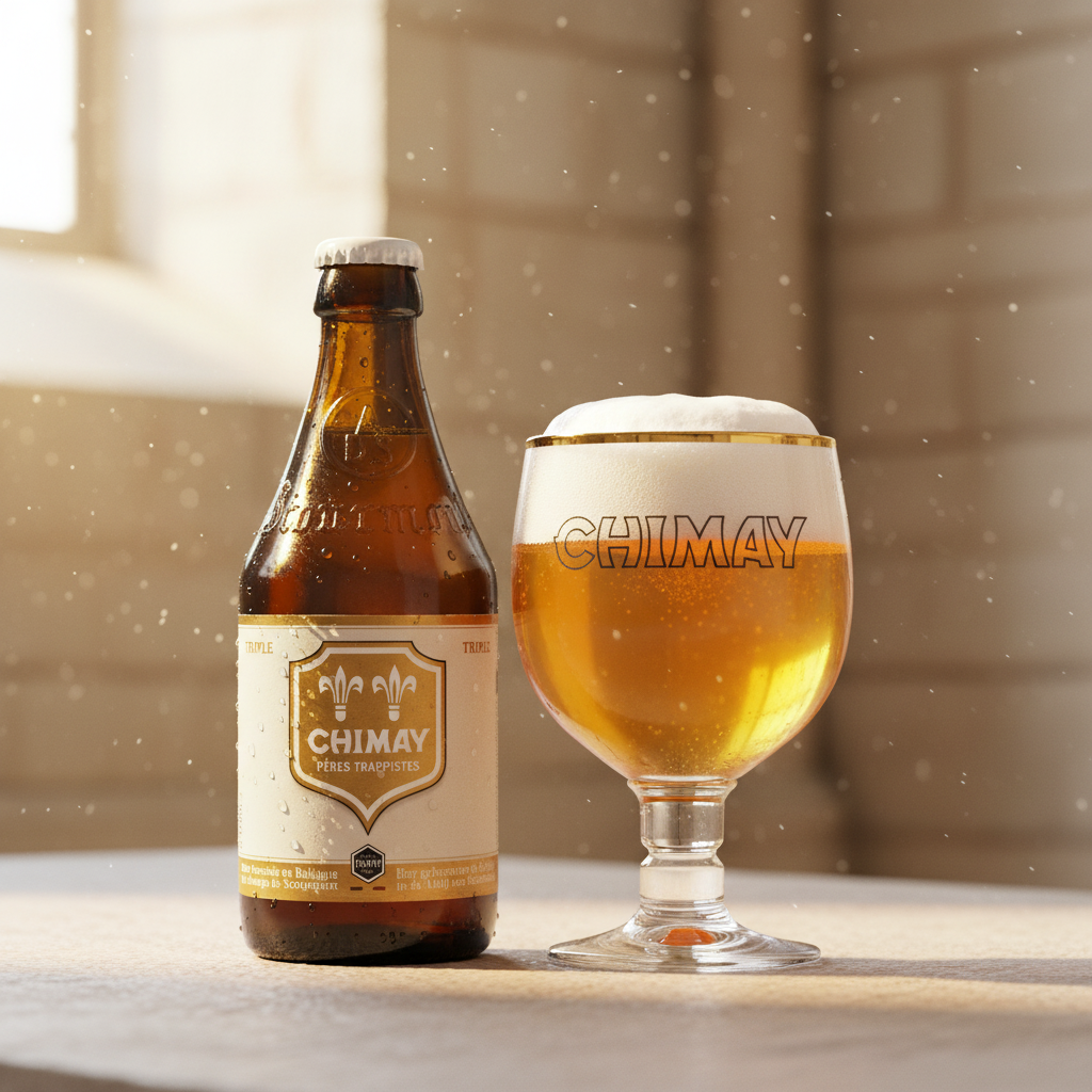 Garrafa e copo Chimay Triple - mosteiro luminoso