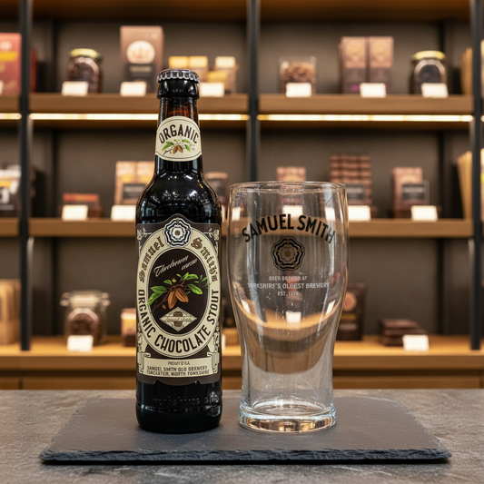 Garrafa Samuel Smith Organic Chocolate Stout com copo