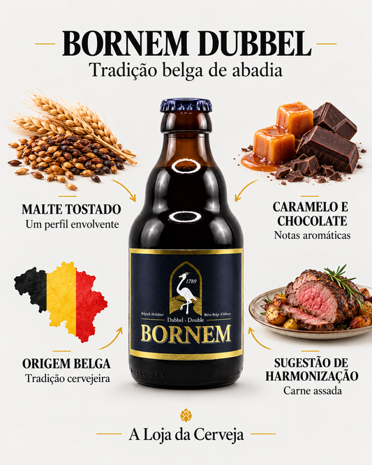 Bornem Dubbel: malte tostado — Um perfil envolvente; caramelo e chocolate — Notas aromáticas; origem belga — Tradição cervejeira; sugestão de harmonização — Carne assada.