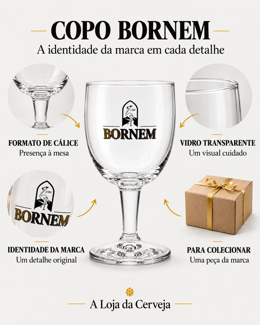 Copo Bornem: formato de cálice — Presença à mesa; vidro transparente — Um visual cuidado; identidade da marca — Um detalhe original; para colecionar — Uma peça da marca.