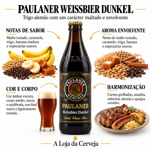 Infografia de Paulaner Weissbier Dunkel, com o produto original ao centro, características e sugestão de harmonização em português. A Loja da Cerveja.