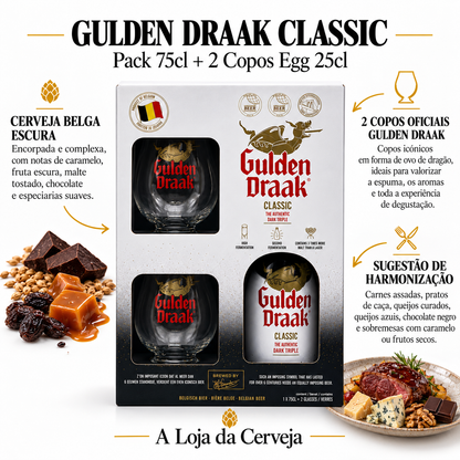 Infografia de Pack Gulden Draak 75cl, com o produto original ao centro, características e sugestão de harmonização em português. A Loja da Cerveja.