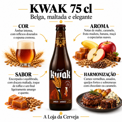 Infografia de Kwak 75 cl, com o produto original ao centro, características e sugestão de harmonização em português. A Loja da Cerveja.