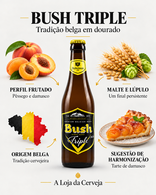 Bush Triple: perfil frutado — Pêssego e damasco; malte e lúpulo — Um final persistente; origem belga — Tradição cervejeira; sugestão de harmonização — Tarte de damasco.