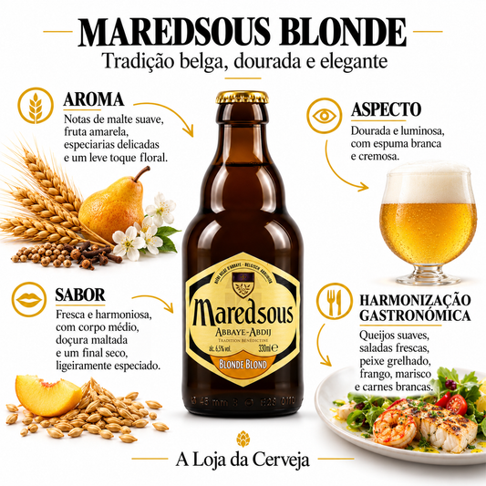 Infografia de Maredsous Blonde, com o produto original ao centro, características e sugestão de harmonização em português. A Loja da Cerveja.