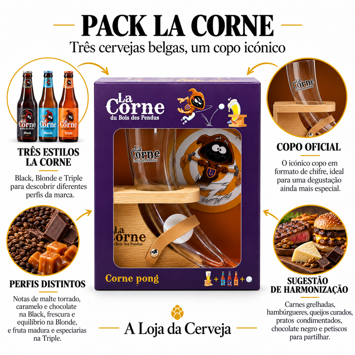 Infografia de Pack La Corne, com o produto original ao centro, características e sugestão de harmonização em português. A Loja da Cerveja.