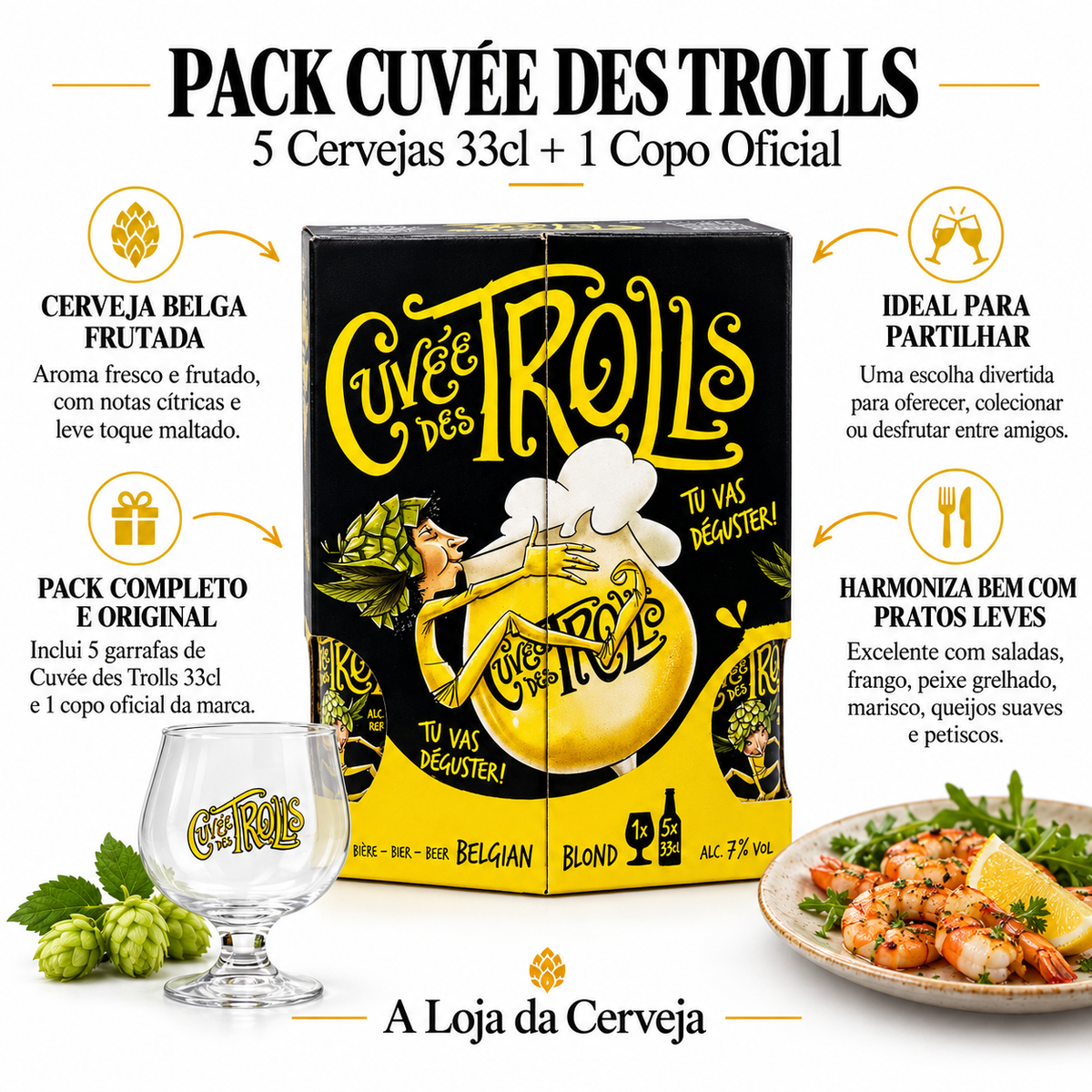 Infografia de Pack Cuvée Des Trolls, com o produto original ao centro, características e sugestão de harmonização em português. A Loja da Cerveja.