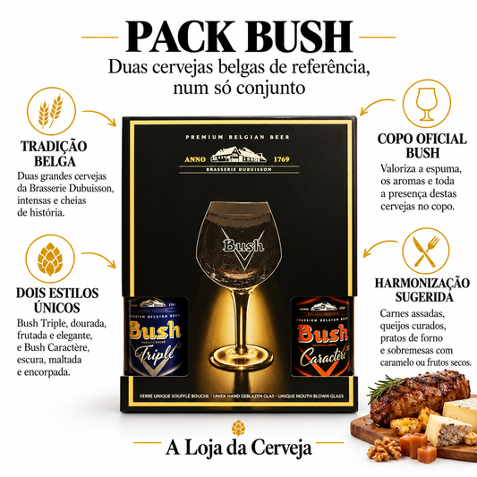 Infografia de Pack Bush, com o produto original ao centro, características e sugestão de harmonização em português. A Loja da Cerveja.