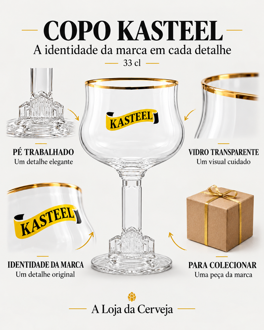 Copo Kasteel: pé trabalhado — Um detalhe elegante; vidro transparente — Um visual cuidado; identidade da marca — Um detalhe original; para colecionar — Uma peça da marca.