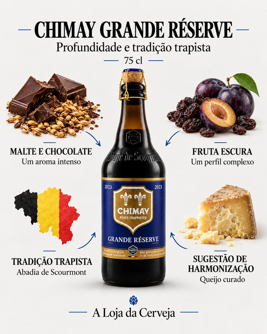 Chimay Grande Réserve 75 cl: malte e chocolate — Um aroma intenso; fruta escura — Um perfil complexo; tradição trapista — Abadia de Scourmont; sugestão de harmonização — Queijo curado.