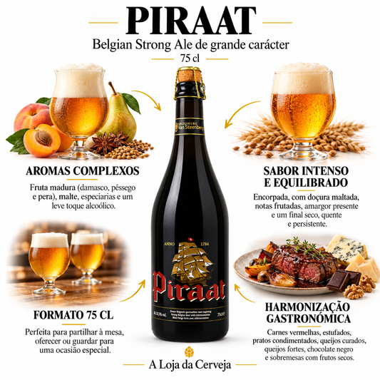Infografia de Piraat 75 cl, com o produto original ao centro, características e sugestão de harmonização em português. A Loja da Cerveja.