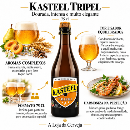 Infografia de Kasteel Tripel 75 cl, com o produto original ao centro, características e sugestão de harmonização em português. A Loja da Cerveja.