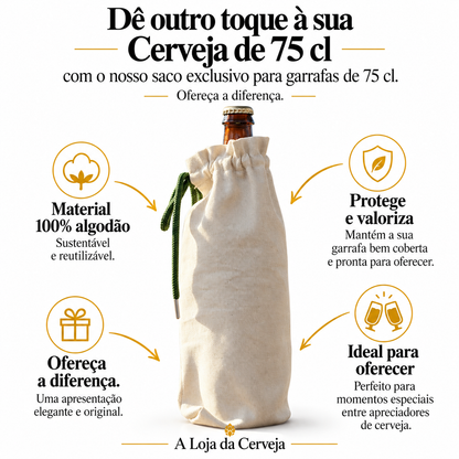 Infografia de Saquinho A Loja da Cerveja, com o produto original ao centro, características e sugestão de utilização em português. A Loja da Cerveja.