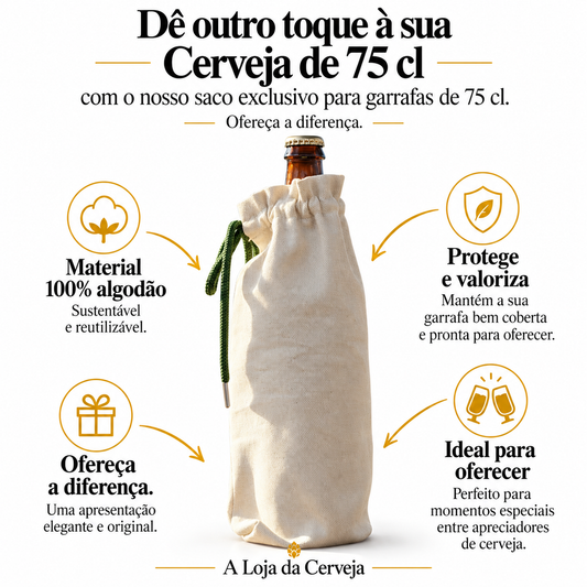 Infografia de Saquinho A Loja da Cerveja, com o produto original ao centro, características e sugestão de utilização em português. A Loja da Cerveja.