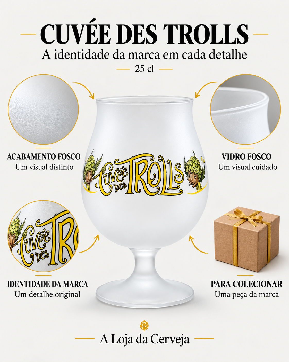 Copo Cuvée Des Trolls: acabamento fosco — Um visual distinto; vidro fosco — Um visual cuidado; identidade da marca — Um detalhe original; para colecionar — Uma peça da marca.