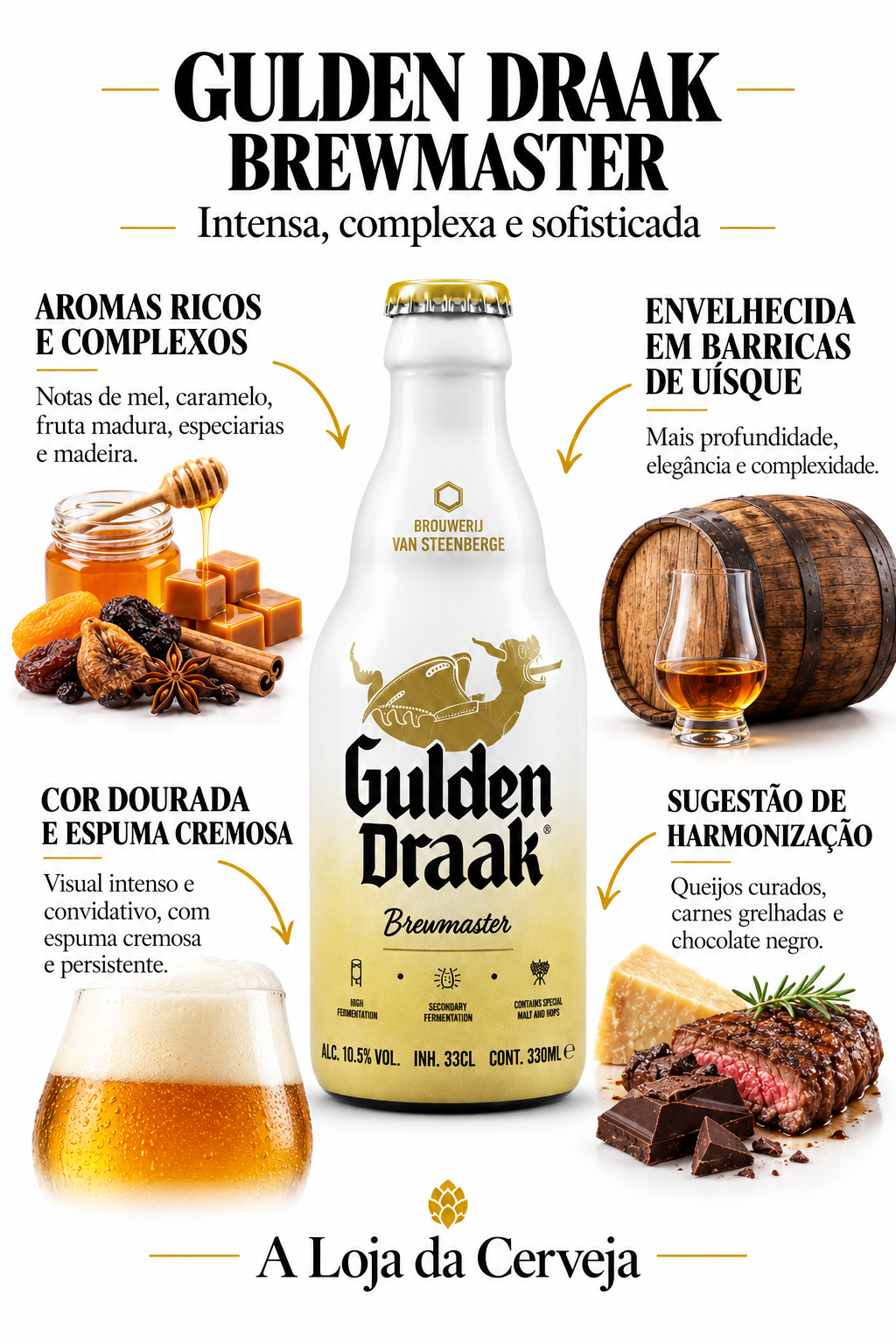 Infografia de Gulden Draak Brewmaster 12 Unidades, com o produto original ao centro, características e sugestão de harmonização em português. A Loja da Cerveja.