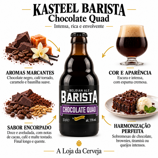 Infografia de Kasteel Barista Chocolate Quad 12 Unidades, com o produto original ao centro, características e sugestão de harmonização em português. A Loja da Cerveja.