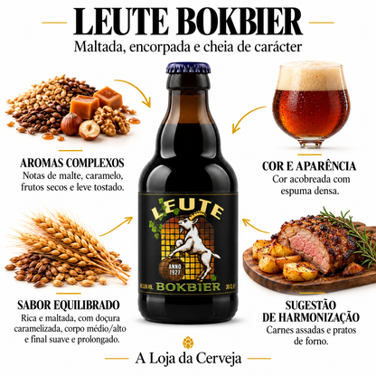 Infografia de Leute Bokbier 12 Unidades, com o produto original ao centro, características e sugestão de harmonização em português. A Loja da Cerveja.