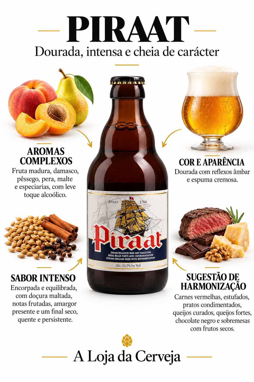 Infografia de Piraat 12 Unidades, com o produto original ao centro, características e sugestão de harmonização em português. A Loja da Cerveja.