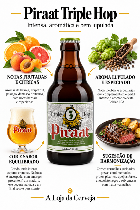 Infografia de Piraat Triple Hop 12 Unidades, com o produto original ao centro, características e sugestão de harmonização em português. A Loja da Cerveja.