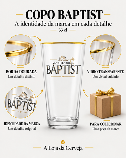 Copo Baptist: borda dourada — Um detalhe distinto; vidro transparente — Um visual cuidado; identidade da marca — Um detalhe original; para colecionar — Uma peça da marca.
