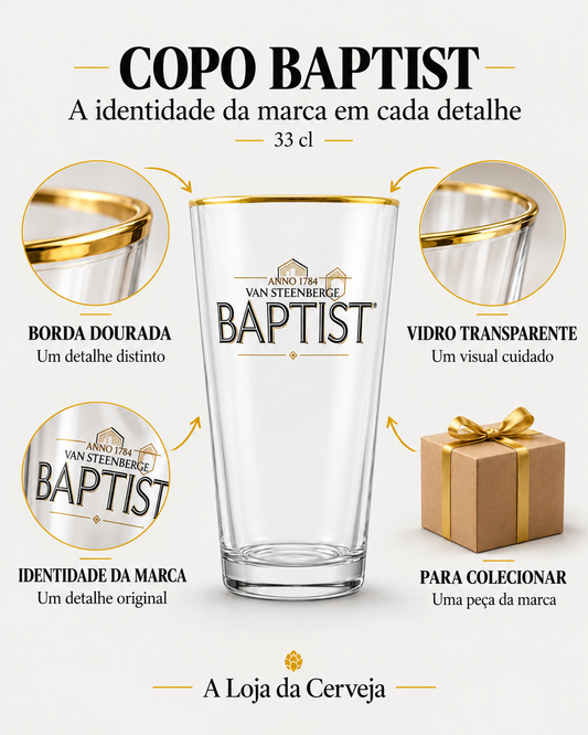 Copo Baptist: borda dourada — Um detalhe distinto; vidro transparente — Um visual cuidado; identidade da marca — Um detalhe original; para colecionar — Uma peça da marca.