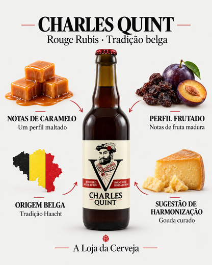 Charles Quint: notas de caramelo — Um perfil maltado; perfil frutado — Notas de fruta madura; origem belga — Tradição Haacht; sugestão de harmonização — Gouda curado.