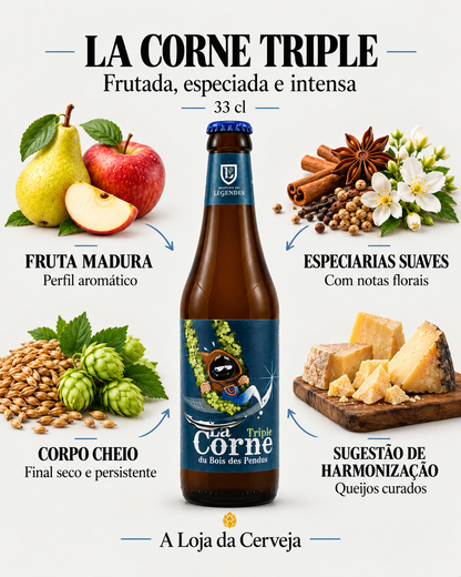 La Corne Triple 33 cl: fruta madura, especiarias suaves, corpo cheio e harmonização com queijos curados.