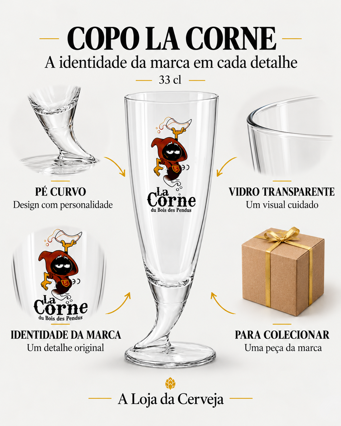 Copo La Corne Tulipa: pé curvo — Design com personalidade; vidro transparente — Um visual cuidado; identidade da marca — Um detalhe original; para colecionar — Uma peça da marca.