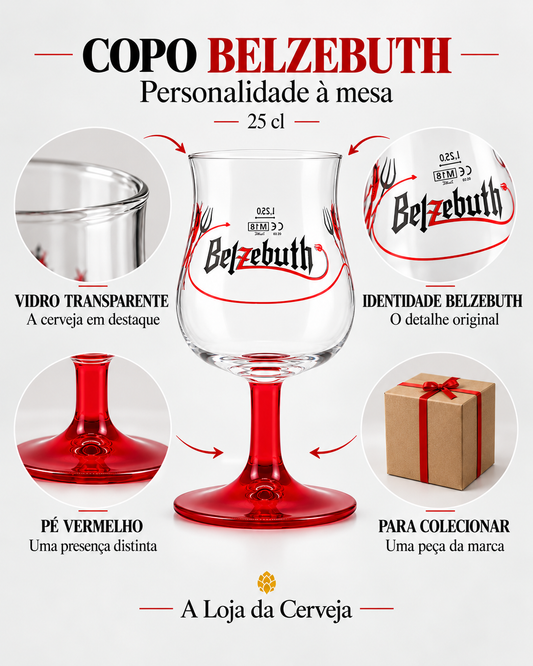 Copo Belzebuth 25 cl: vidro transparente, logótipo da marca, pé vermelho e peça para colecionar.