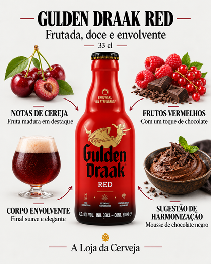 Gulden Draak Red 33 cl: cereja, frutos vermelhos, corpo envolvente e harmonização com mousse de chocolate negro.