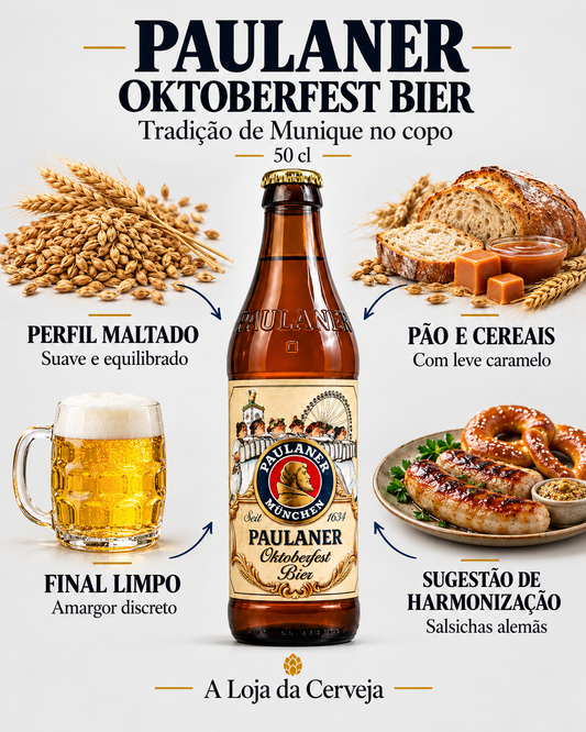 Paulaner Oktoberfest Bier 50 cl: malte, pão e cereais, final limpo e harmonização com salsichas alemãs.