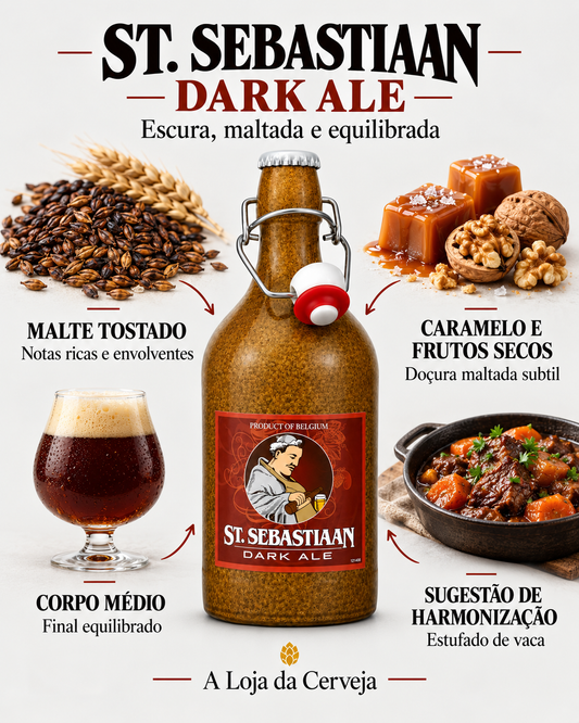St. Sebastiaan Dark Ale: malte tostado, caramelo e frutos secos, corpo médio e harmonização com estufado de vaca.