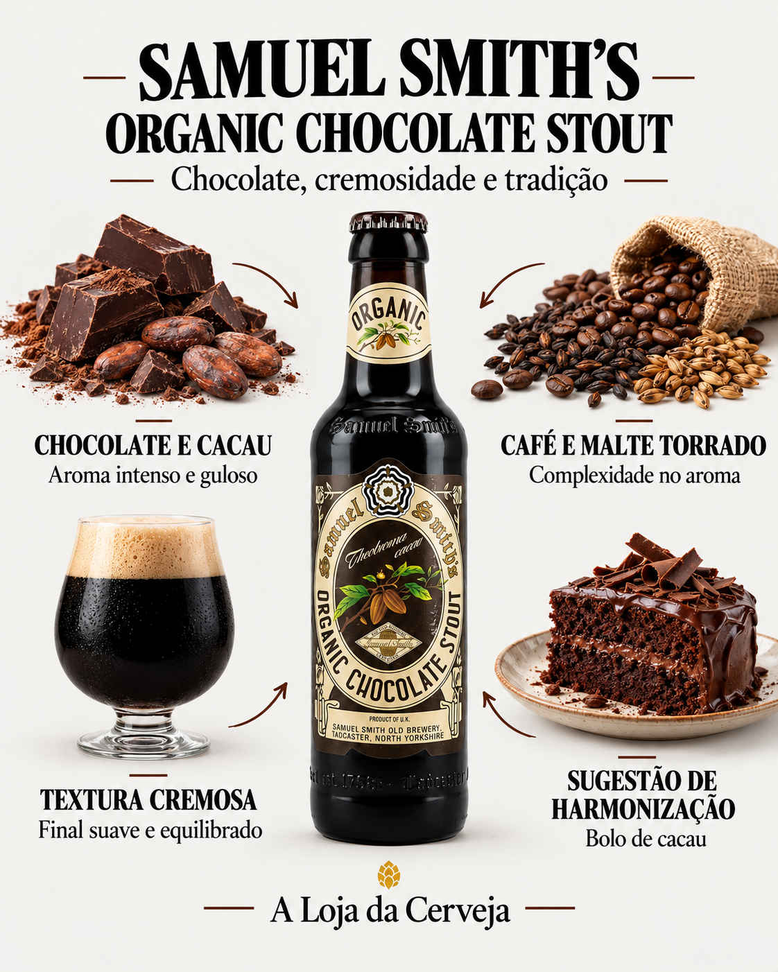 Samuel Smith’s Organic Chocolate Stout: chocolate e cacau, café e malte torrado, textura cremosa e bolo de cacau.
