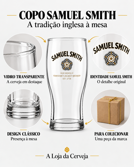 Copo Samuel Smith: vidro transparente, identidade da marca, design clássico e peça para colecionar.