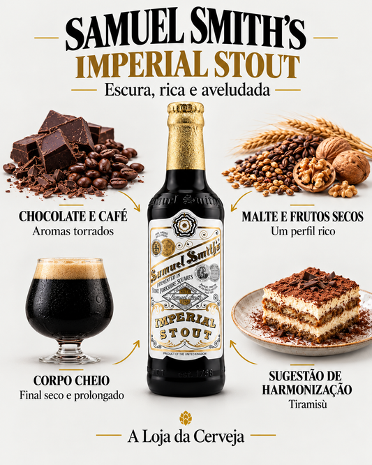 Samuel Smith’s Imperial Stout: chocolate e café, malte e frutos secos, corpo cheio e harmonização com tiramisù.