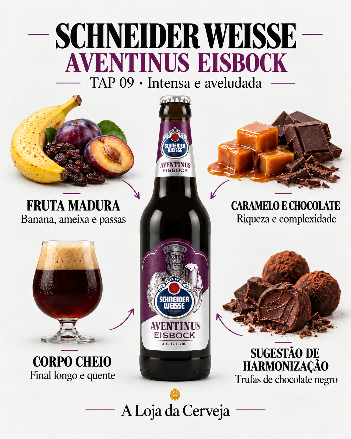 Schneider Weisse Aventinus Eisbock TAP 09: fruta madura, caramelo e chocolate, corpo cheio e trufas de chocolate negro.