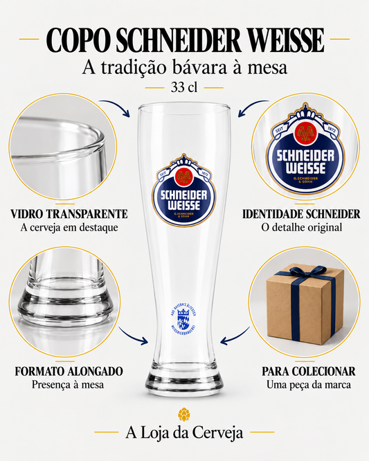 Copo Schneider Weisse 33 cl: vidro transparente, logótipo original, formato alongado e peça para colecionar.