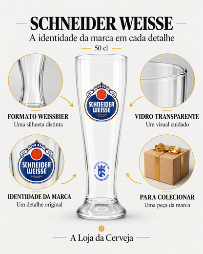 Copo Schneider Weisse 50 cl: formato weissbier — Uma silhueta distinta; vidro transparente — Um visual cuidado; identidade da marca — Um detalhe original; para colecionar — Uma peça da marca.