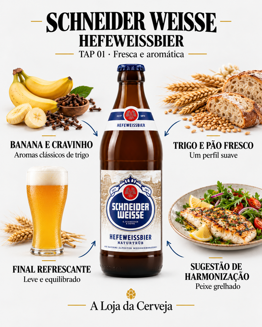 Schneider Weisse Hefeweissbier TAP 01: banana e cravinho, trigo e pão fresco, final refrescante e peixe grelhado.
